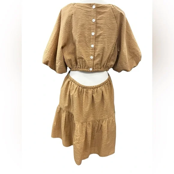 Madewell Seersucker Puff Sleeve Cutout Tiered Mini Dress XL Camel Tan NWT - Picture 4 of 10